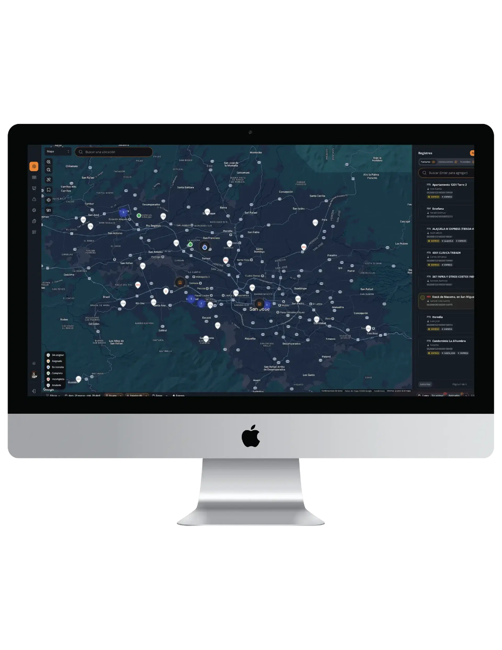 iMac mostrando el mapa de operaciones logísticas