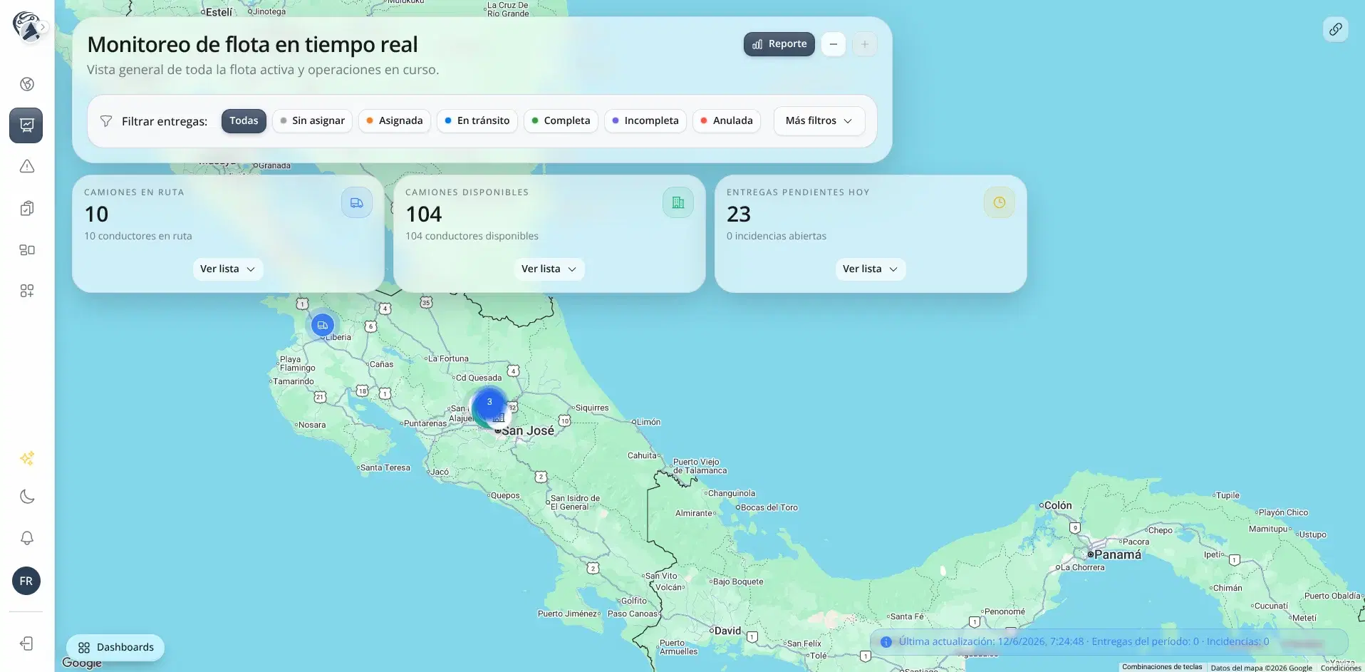Dashboard de monitoreo de flota con KPIs en tiempo real