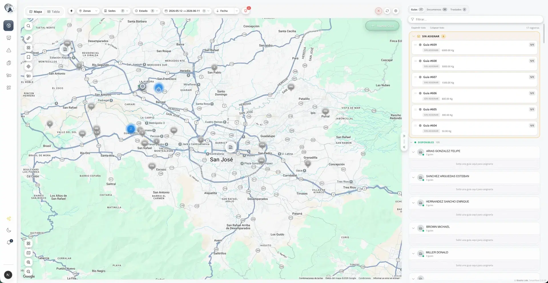 Mapa de rastreo en tiempo real SmartFleet