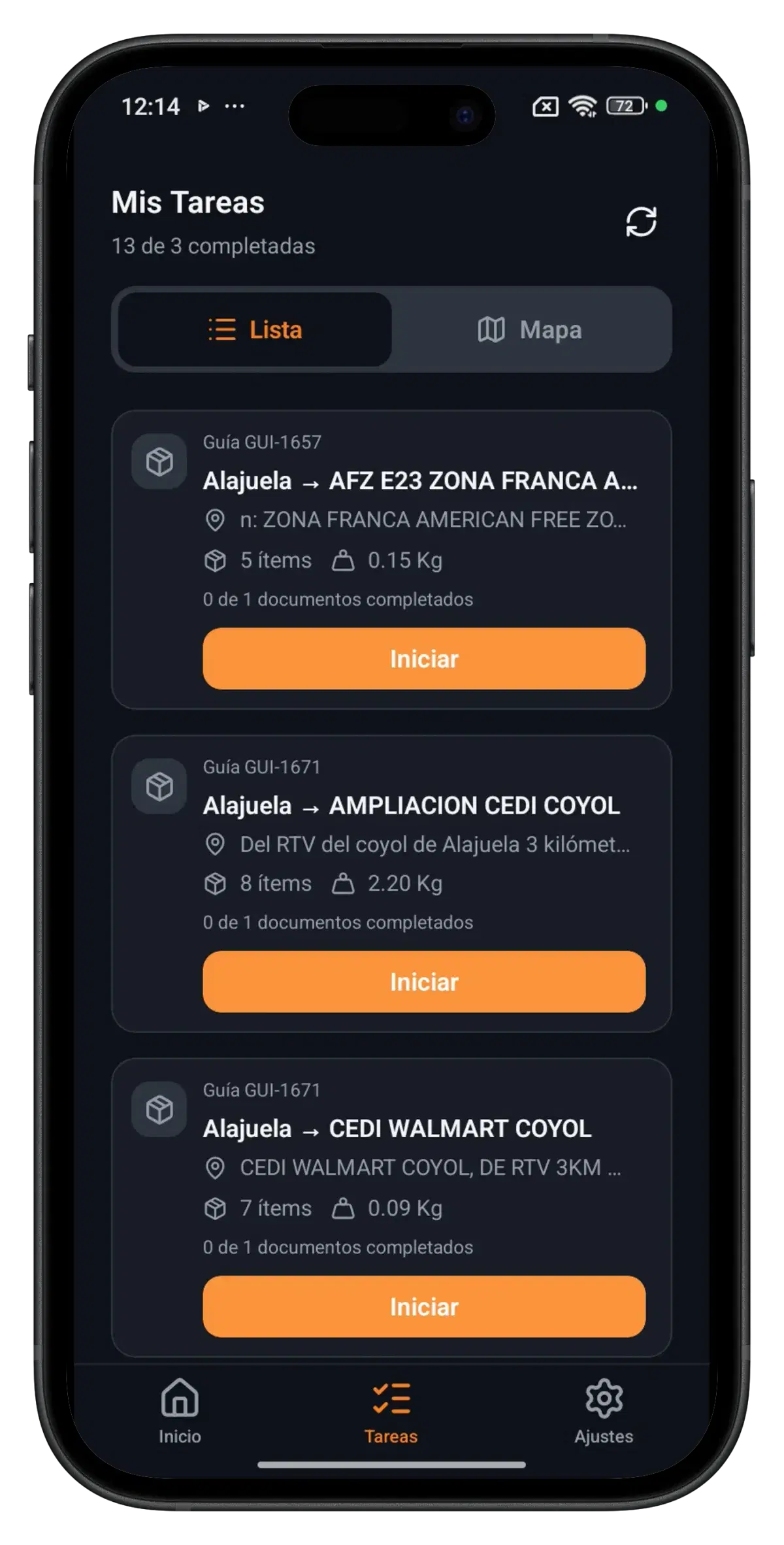 Lista de tareas de SmartFleet en móvil