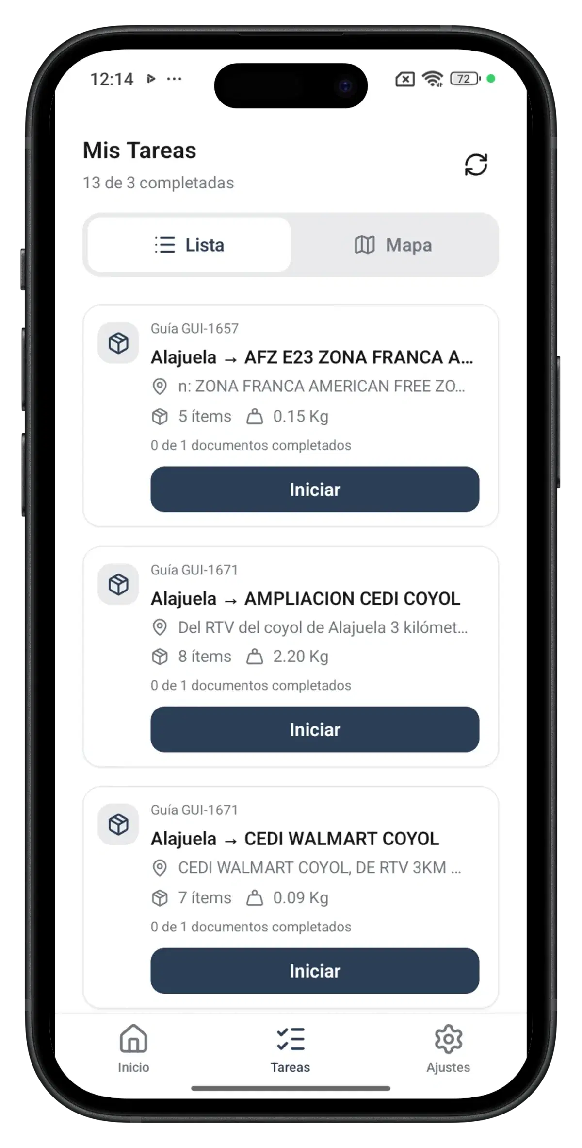 Lista de tareas de SmartFleet en móvil