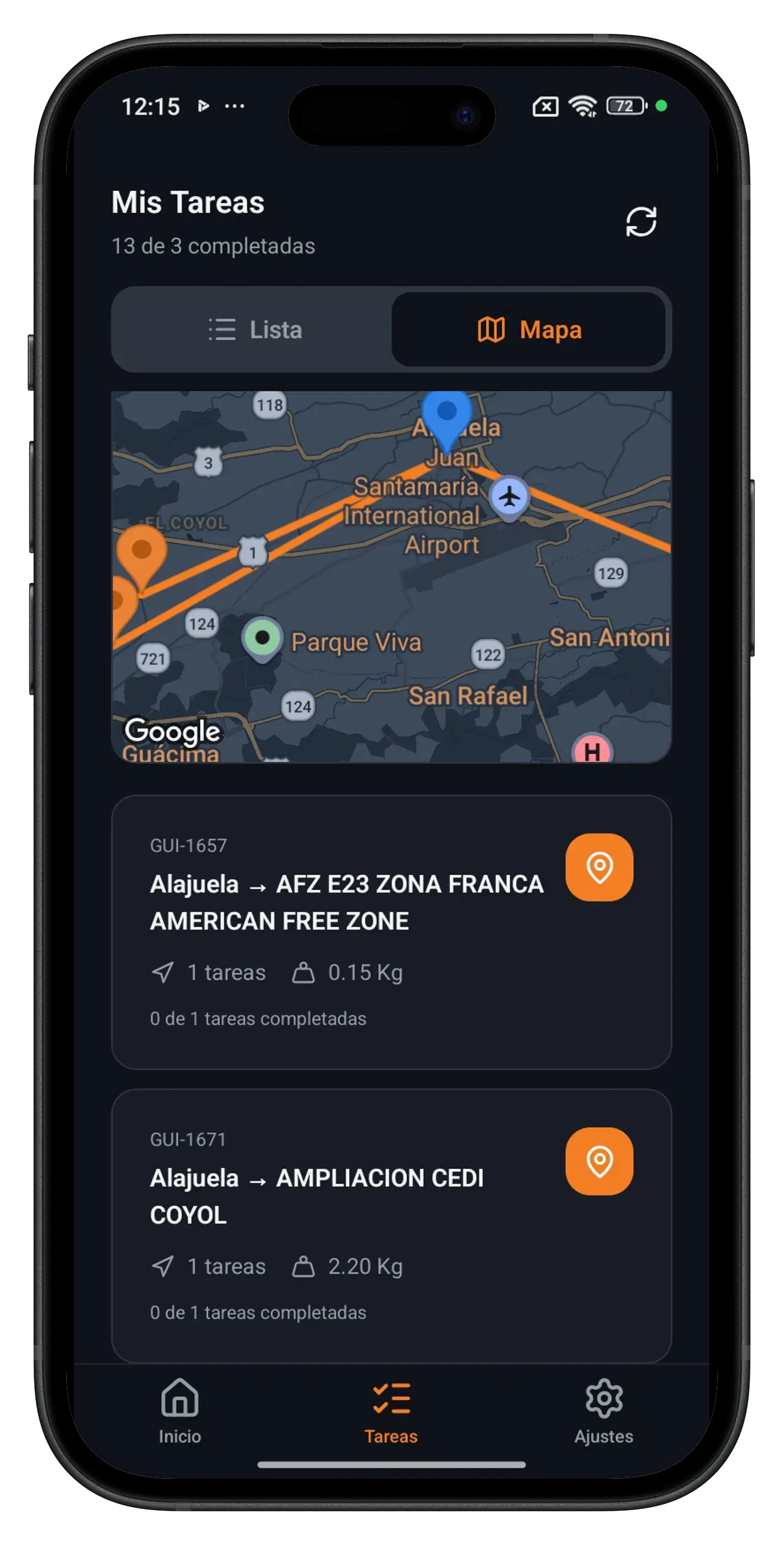 Mapa de ruta de SmartFleet en móvil