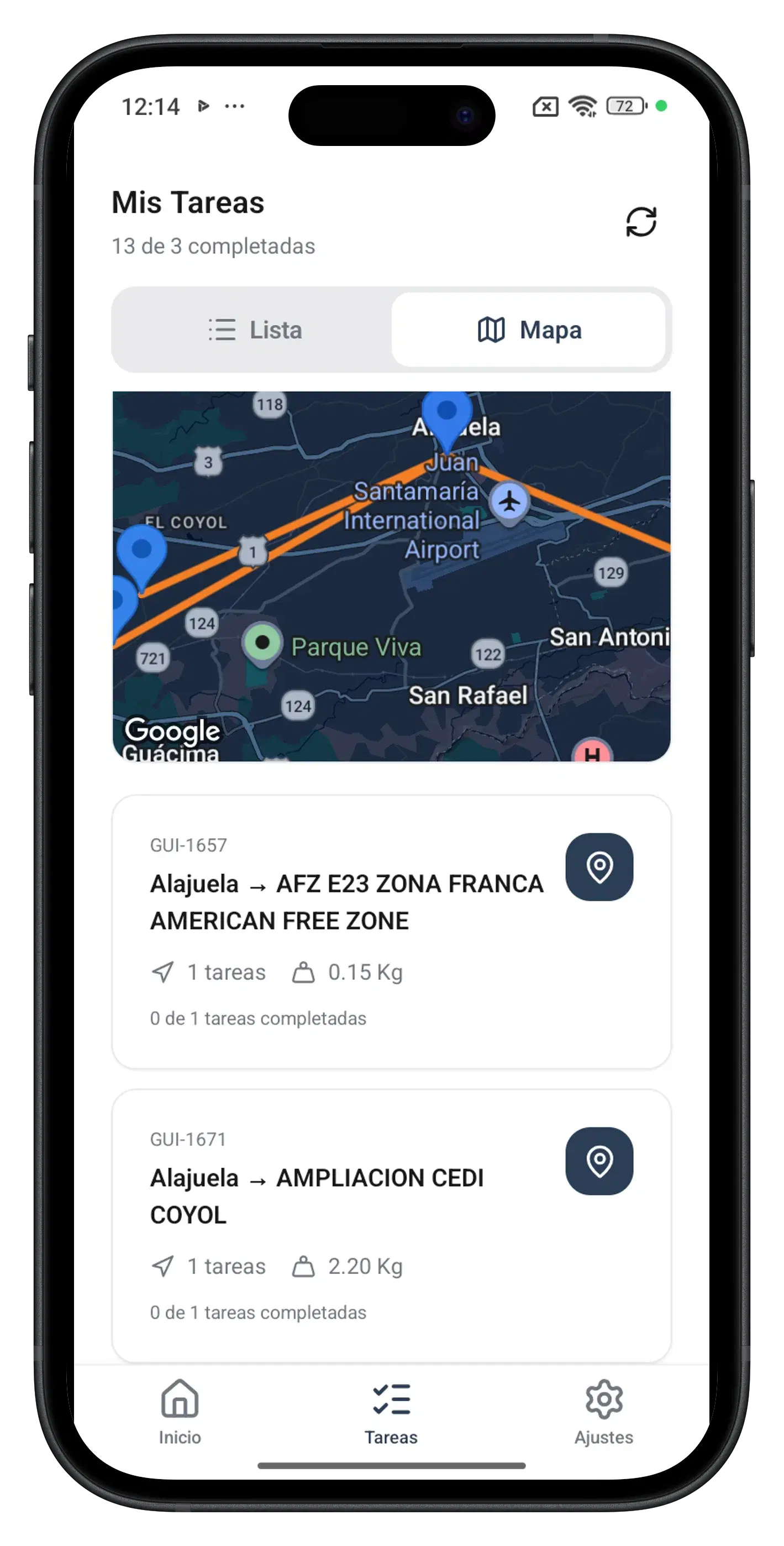 Mapa de ruta de SmartFleet en móvil