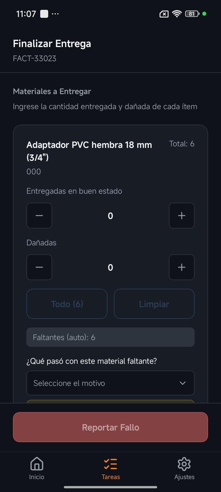 Pantalla de finalizar entrega
