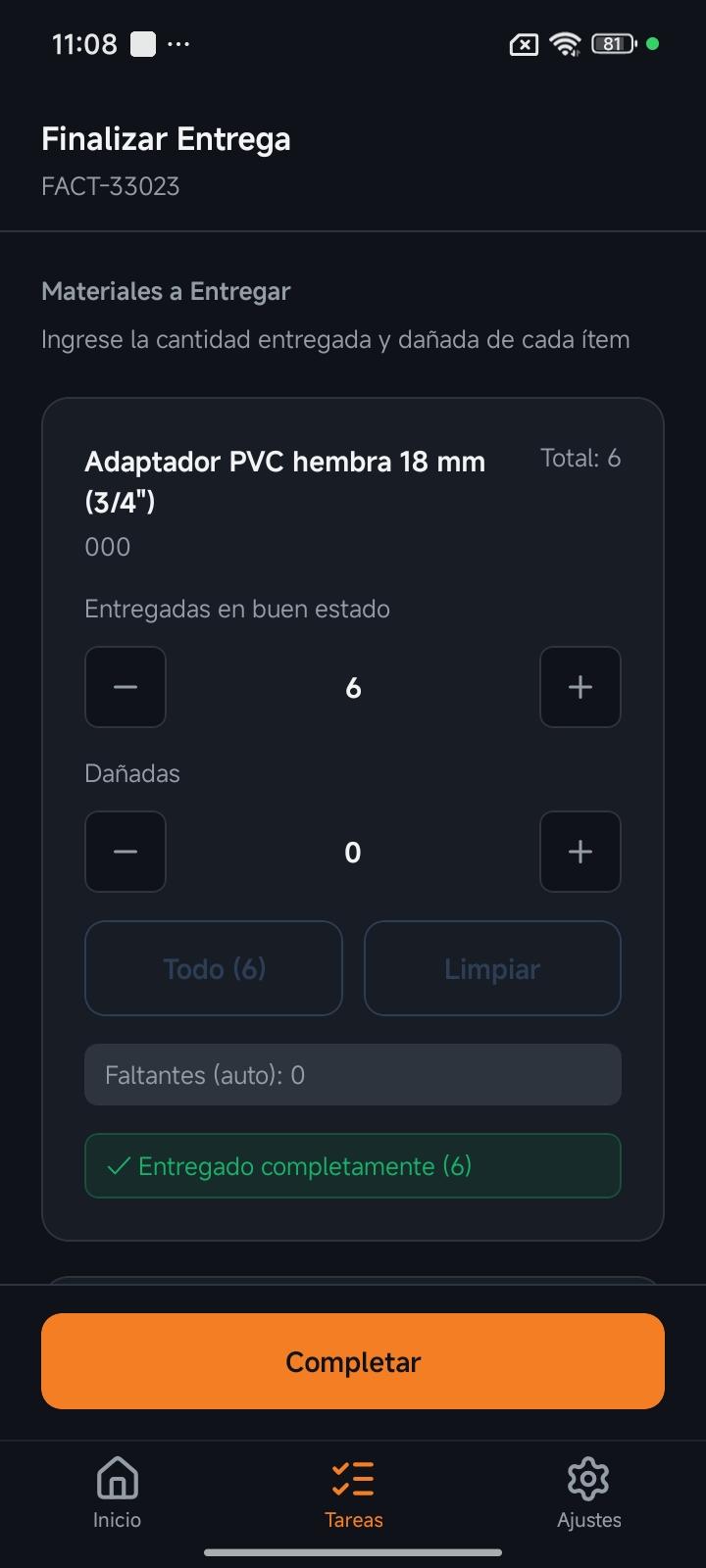 Formulario de entrega completo