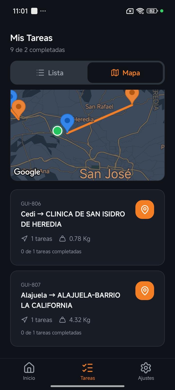 Tareas del conductor en mapa