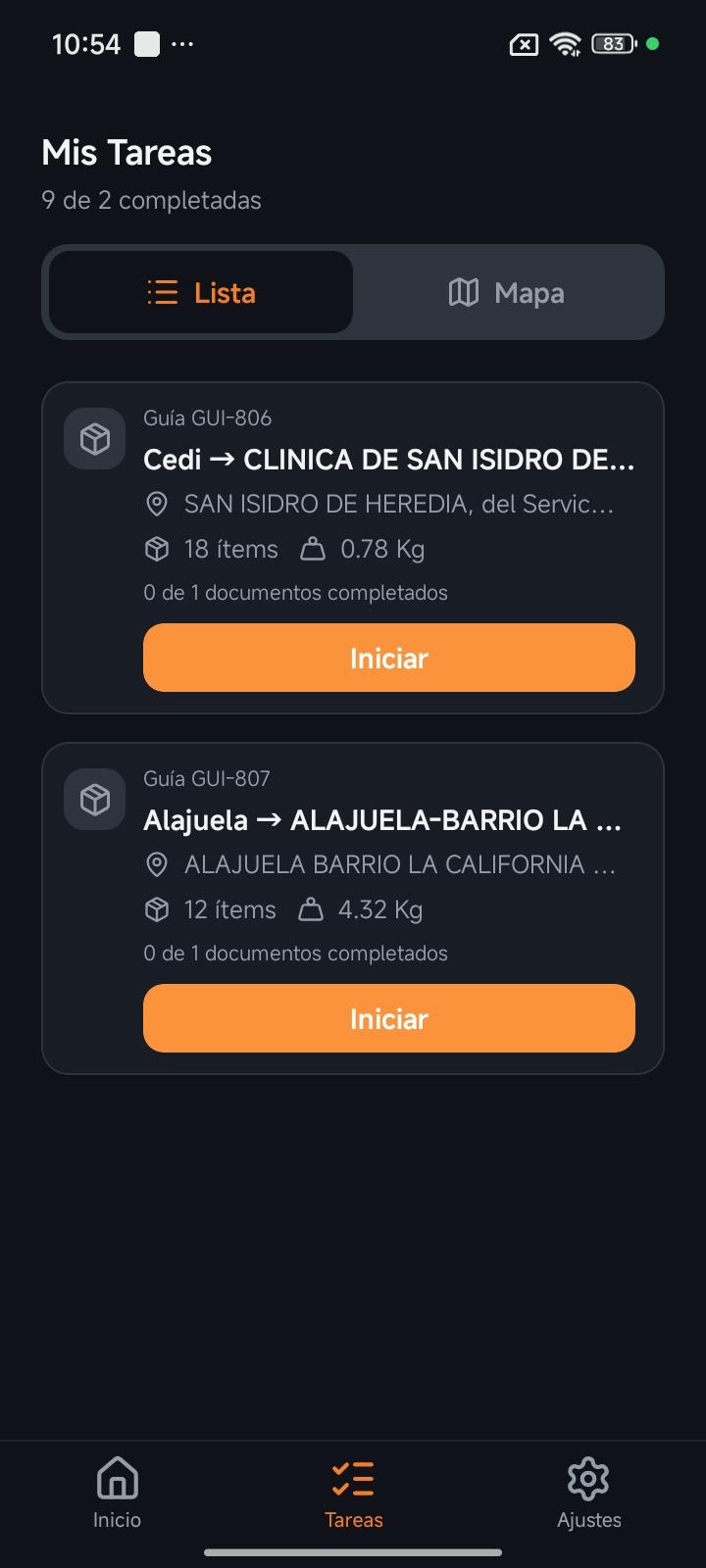 Listado de tareas del conductor